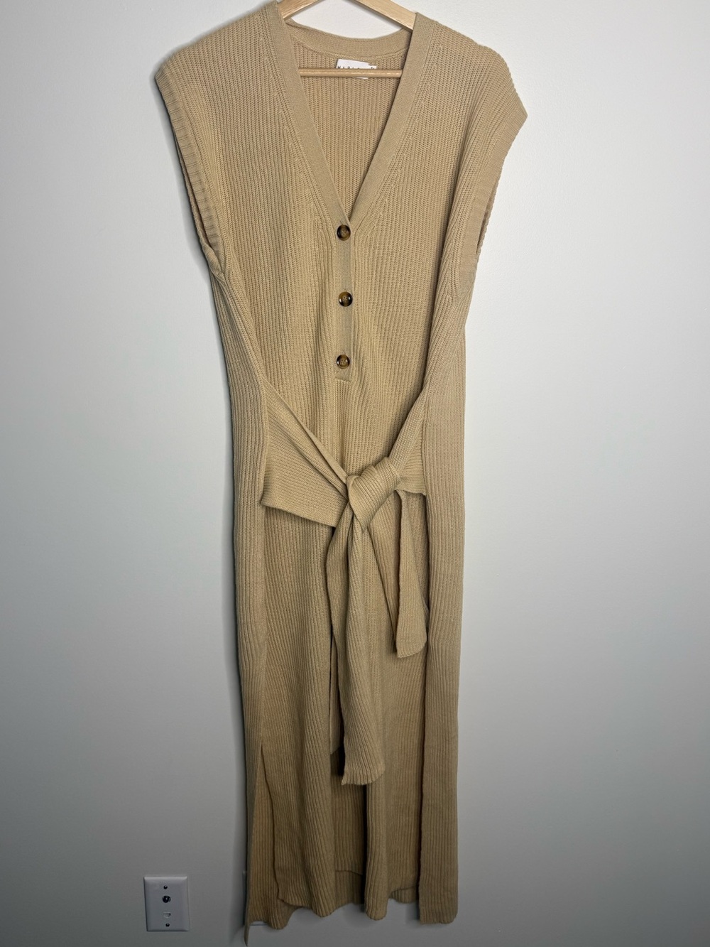 Mable Sleeveless Knit Maxi Dress with Self Tie in Tan size medium